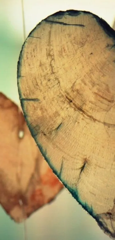 Close-up of rustic wooden hanging heart charm in vintage tones.