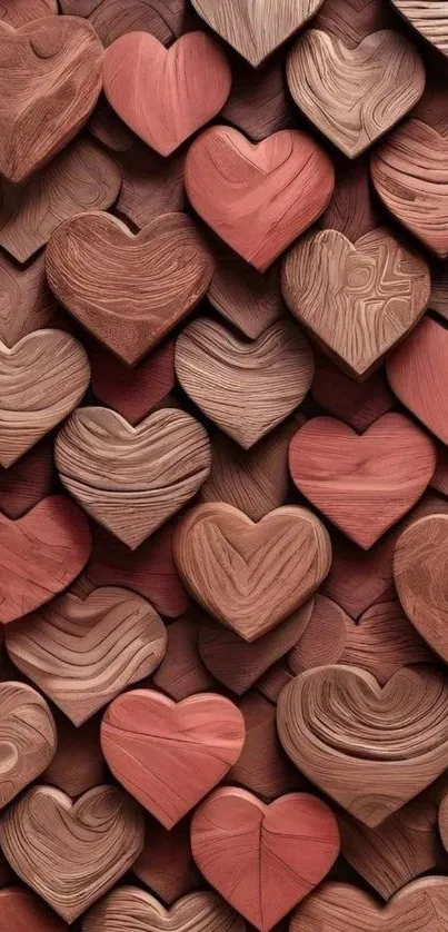 Rustic wooden hearts forming a textured pattern.