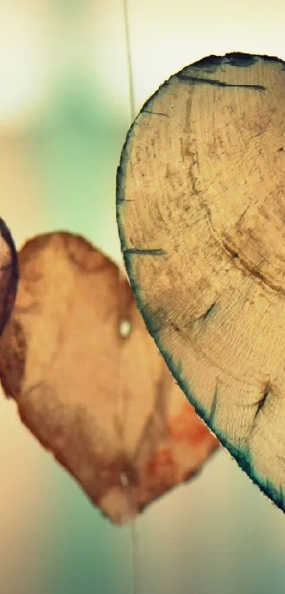 Rustic wooden hearts hanging in soft focus.