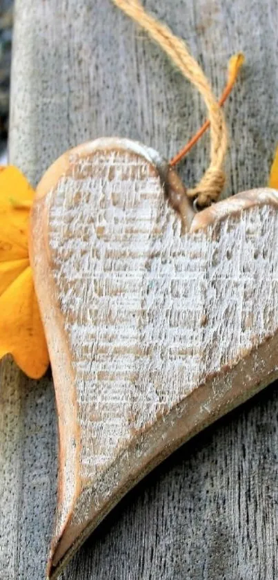 Rustic wooden heart with autumn leaves on timber background.