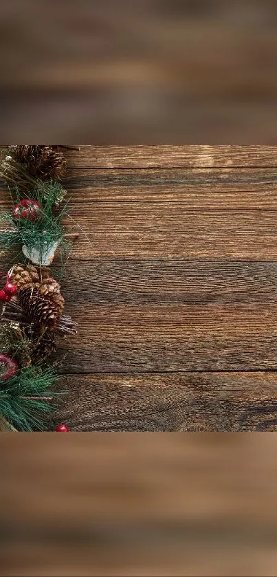 Rustic wooden wallpaper with pinecones and red berries for a festive look.