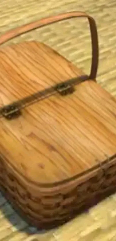 Wooden picnic basket on a woven mat background.