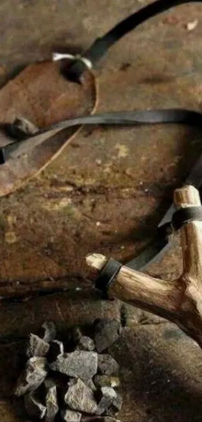 Rustic wooden slingshot on a table with stones.
