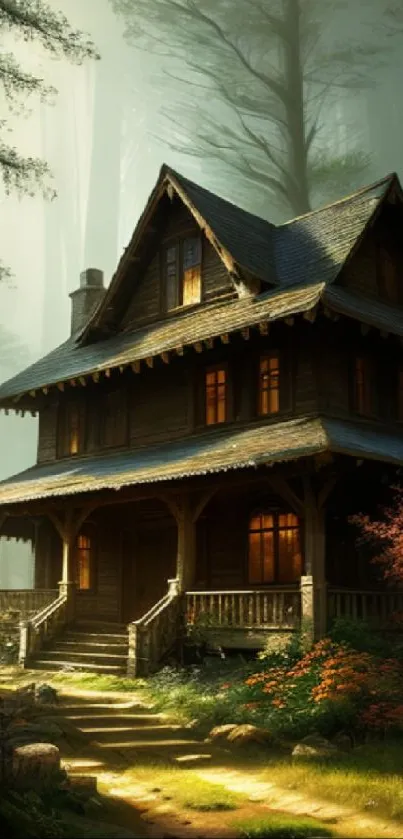 Scenic view of a woodland cabin surrounded by lush trees and warm light.