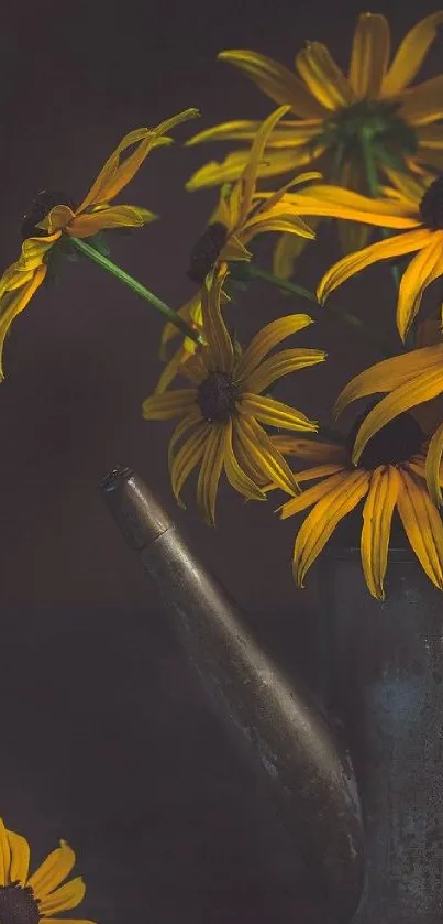 Rustic watering can with yellow flowers in dark, elegant setting.