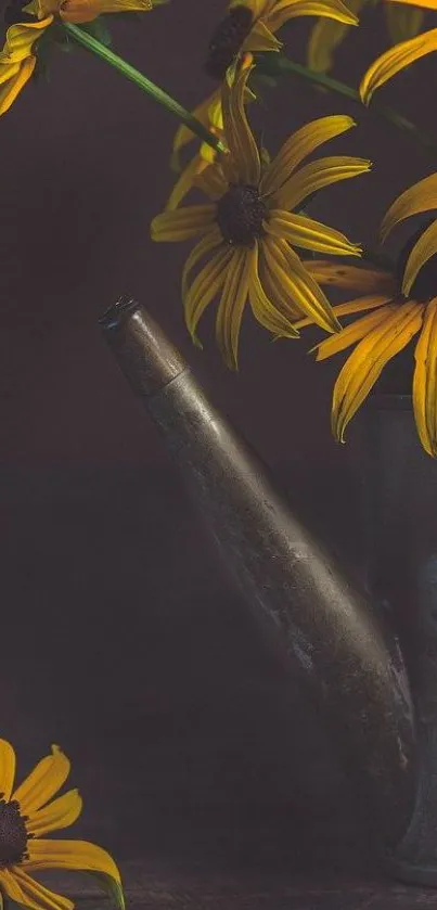 Dark rustic wallpaper with yellow flowers in a vintage watering can.