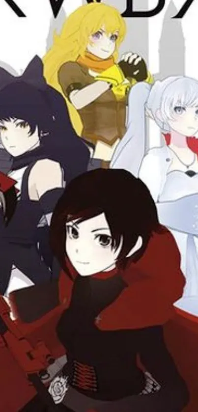 Animated RWBY characters in action pose on mobile wallpaper.