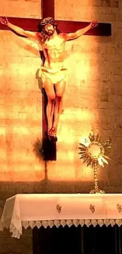 Crucifix on a lit altar with warm glowing light.