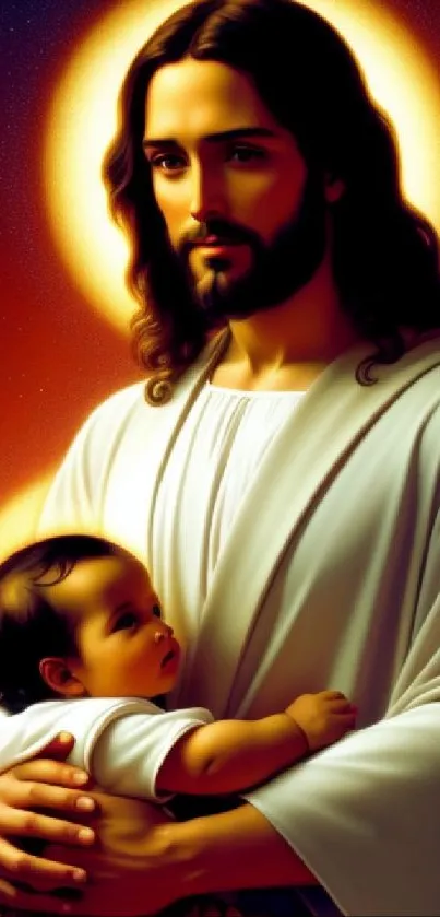 Artistic depiction of Jesus holding a child with a serene and holy atmosphere.