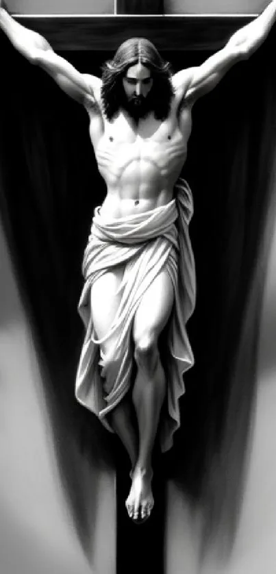 Grayscale crucifixion artwork mobile wallpaper.