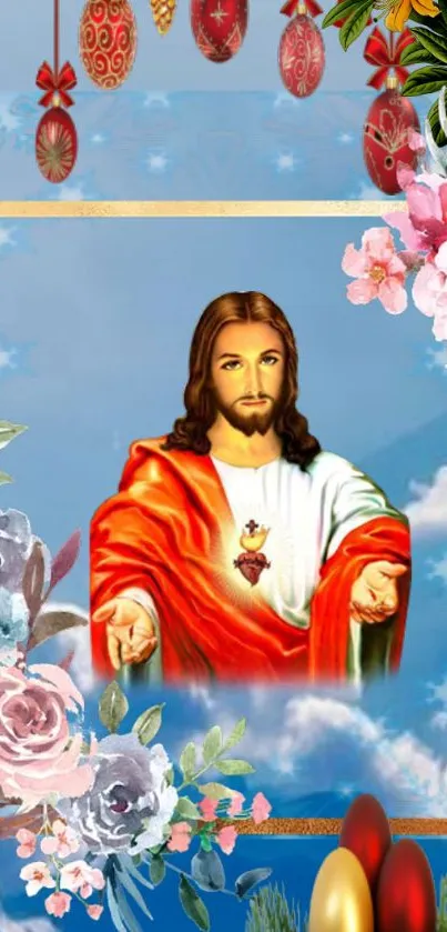 Sacred Jesus surrounded by floral and spiritual motifs with a blue sky background.