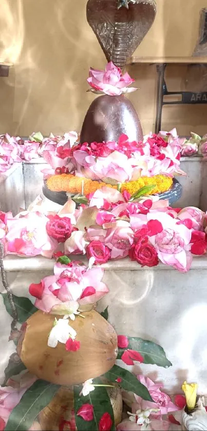 Sacred floral arrangement with roses and spiritual elements.