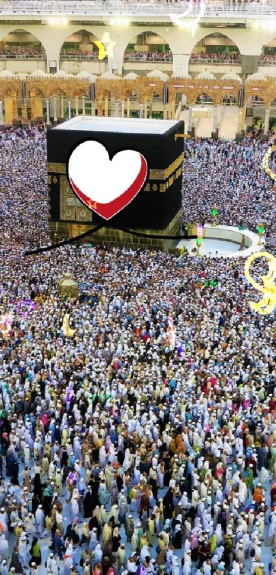 A vibrant crowd gathered around the Kaba in Mecca, captured in a mobile wallpaper.