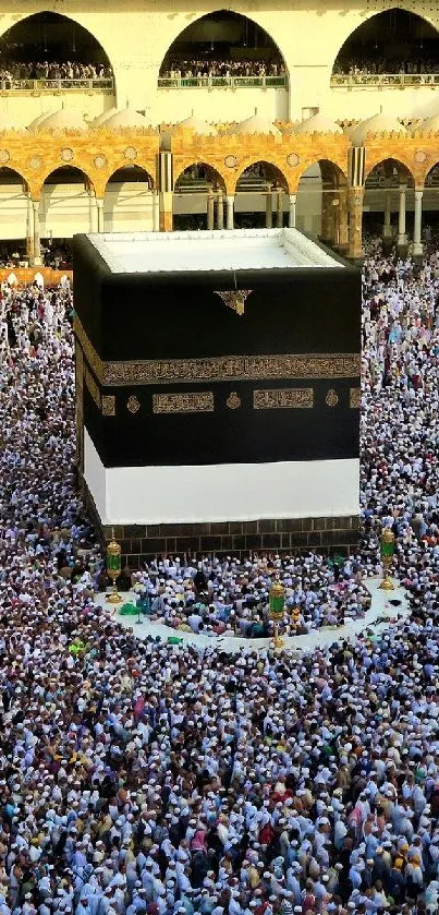 Crowded Hajj pilgrimage around Kaaba in Mecca.