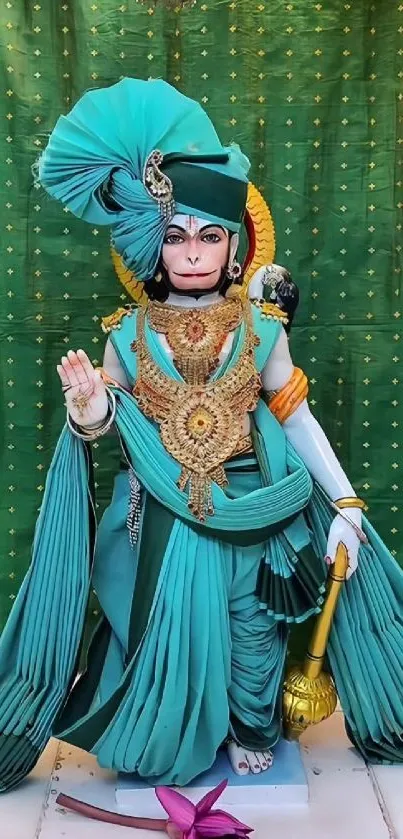 Decorative teal Hanuman statue with gold accents.