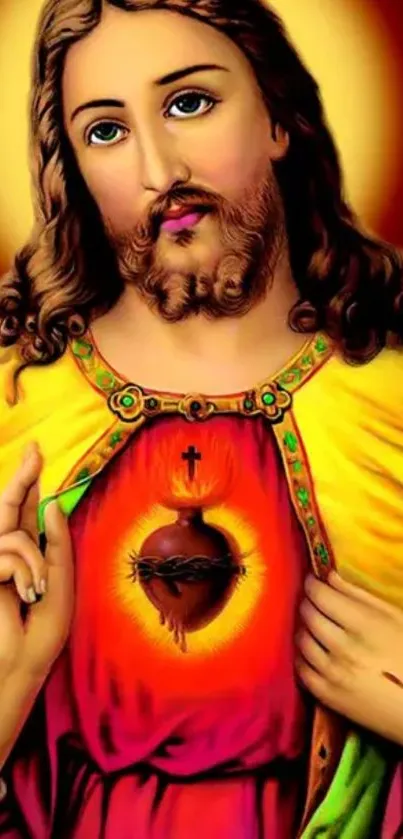 Sacred Heart Jesus with vibrant colors and yellow robe