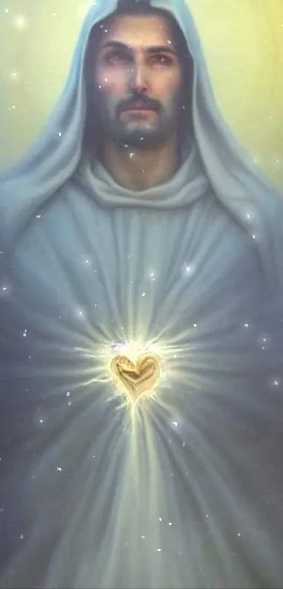 Sacred heart art with serene figure in robes and radiant glow.