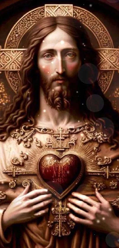 Sacred Heart artwork with religious and spiritual themes in rich brown tones.