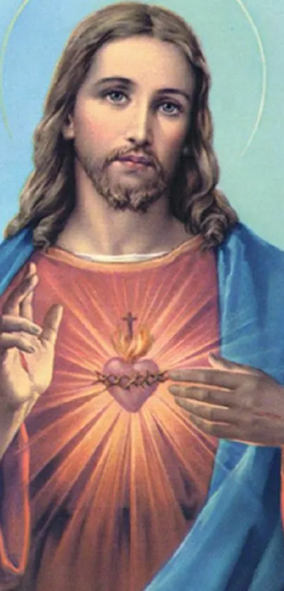 Sacred Heart religious art with calming blue hues for mobile wallpaper.