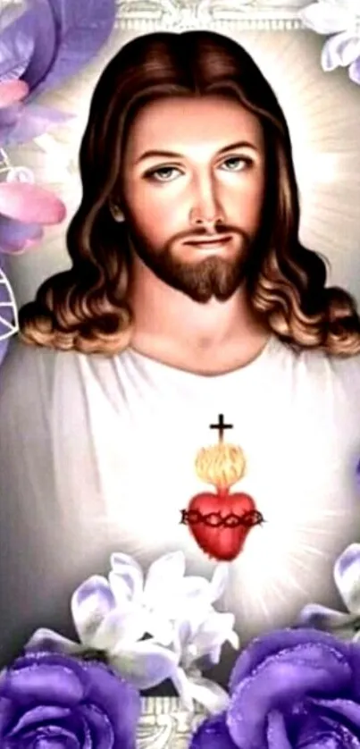 Sacred Heart of Jesus with purple flowers on a mobile wallpaper.