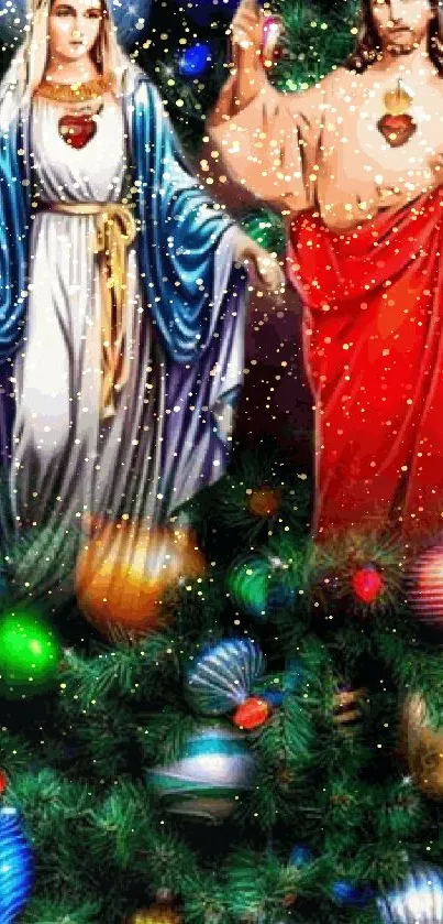 Christmas wallpaper with Sacred Heart symbols and festive ornaments.