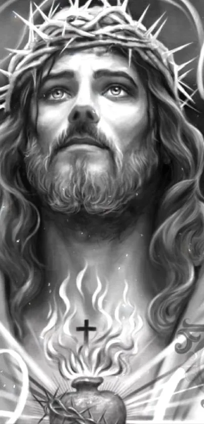 Black and white Jesus Sacred Heart art mobile wallpaper.