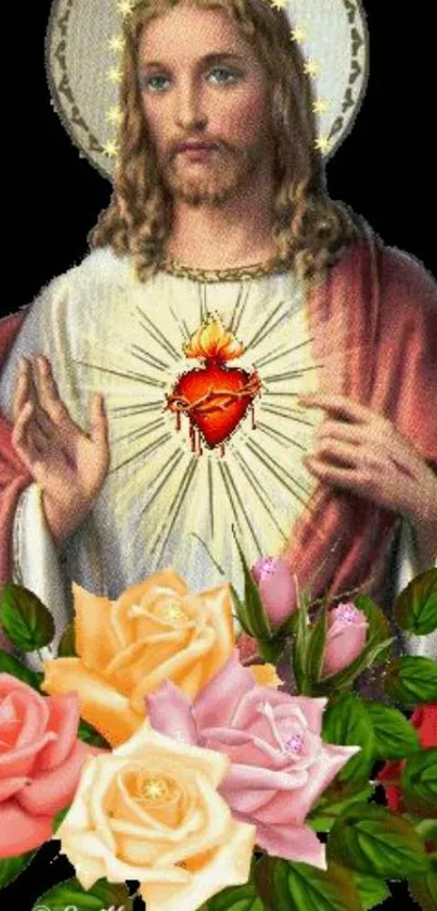 Sacred Heart of Jesus with vibrant roses and spiritual symbolism.