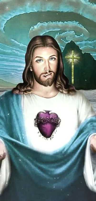 Sacred Heart Jesus amidst clouds and cross with teal tones.