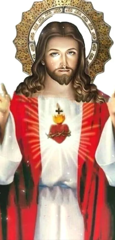 Sacred Heart of Jesus wallpaper with vibrant red robe and halo design.