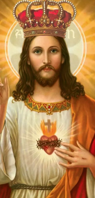 Sacred Heart Jesus with a golden crown and radiant light background.