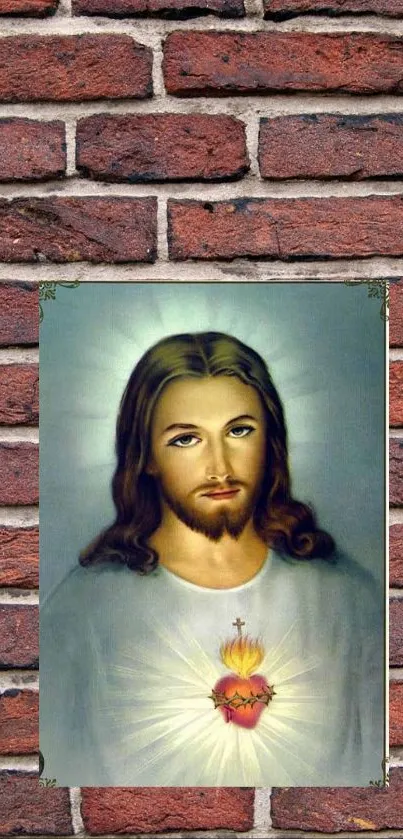 Sacred Heart of Jesus portrait on a rustic brick background wallpaper.