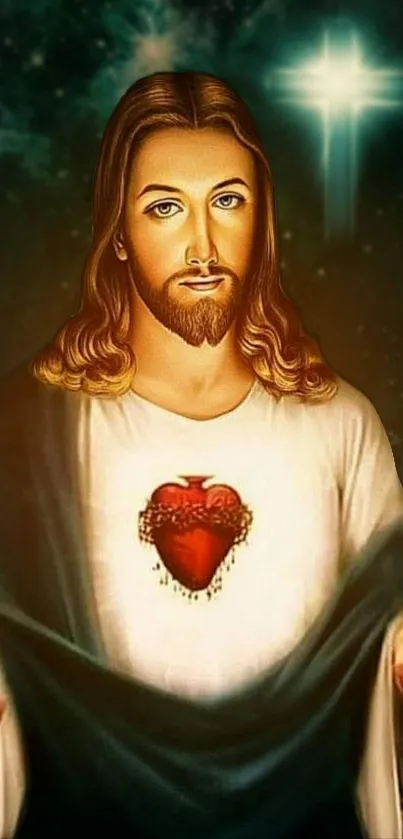 Jesus with the Sacred Heart and a divine glowing cross.