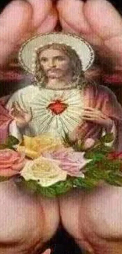 Sacred Heart framed by hands with colorful roses.