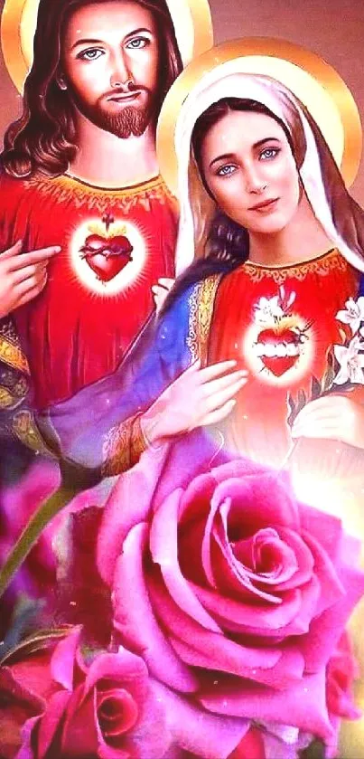 Sacred Heart artwork in vibrant colors with religious symbolism.