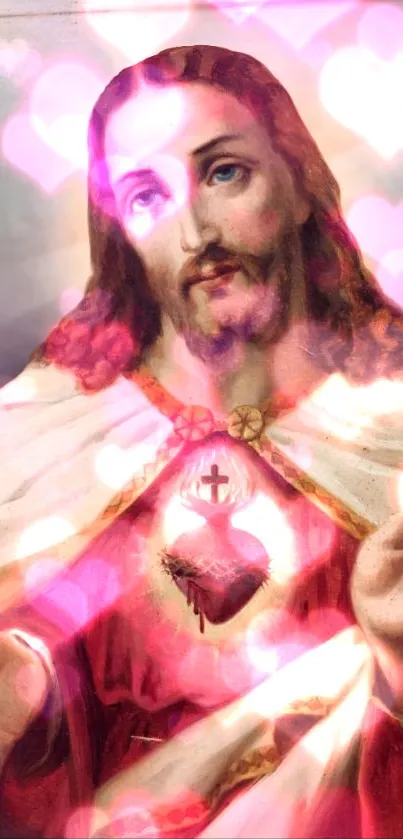 Sacred Heart image with glowing pink hearts.