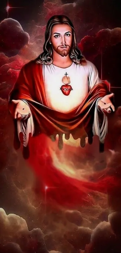 Sacred Heart illustration with red hues and clouds in a mobile wallpaper design.