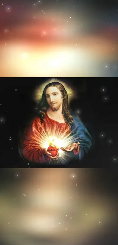 Sacred Heart of Jesus with radiant light against a dark background wallpaper.