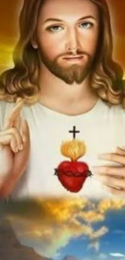 Sacred Heart with serene figure, vibrant colors.