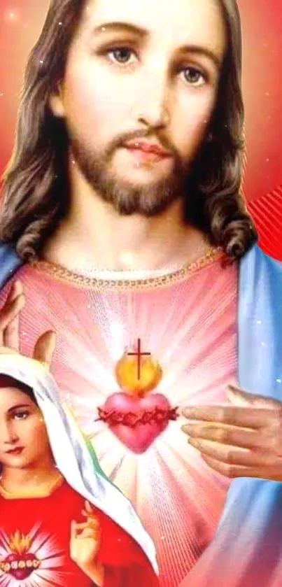 Sacred Heart wallpaper featuring Jesus and Mary with vibrant red background.