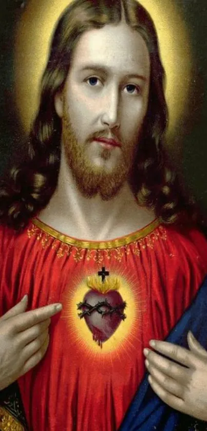 Traditional Sacred Heart wallpaper for mobile device, featuring spiritual artwork.