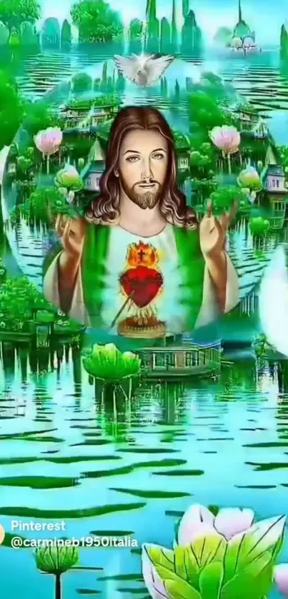 Sacred Heart of Jesus in lush green landscape.