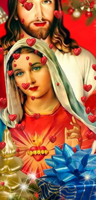 Colorful religious wallpaper with sacred heart themes.