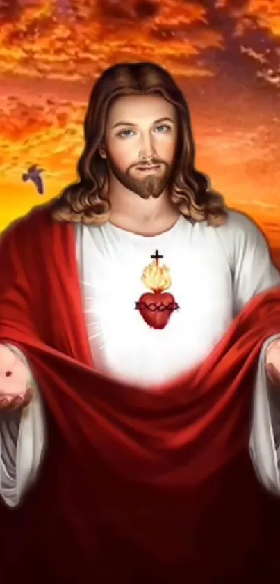 Sacred Heart image with sunset background, perfect for mobile wallpaper.