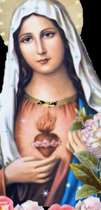 Virgin Mary illustration with Sacred Heart and floral accents.