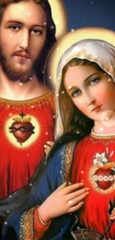 Sacred Hearts of Jesus and Mary on a vibrant phone wallpaper.