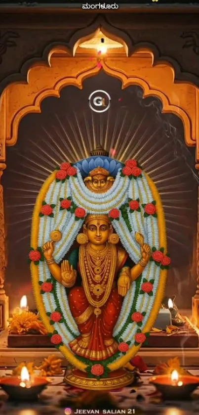 Hindu deity adorned with flowers and candles in a peaceful setting.