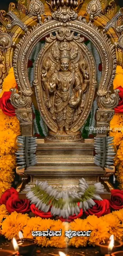 Hindu idol surrounded by marigolds and lights