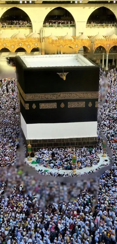 Aerial view of the Kaaba with pilgrims gathered around in Mecca.