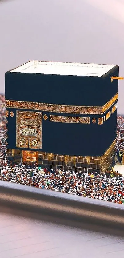 The Kaaba surrounded by pilgrims, captured in a mobile wallpaper.