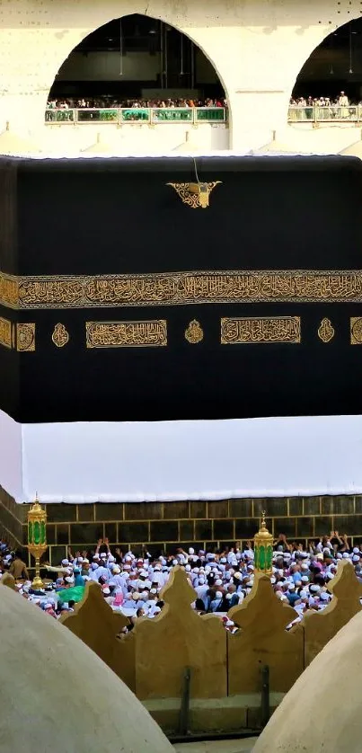 Elevated view of the Kaaba surrounded by worshippers at the Grand Mosque in Mecca.